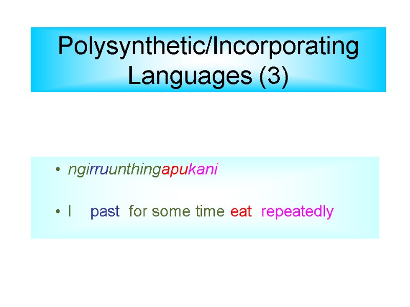 Polysynthetic/Incorporating  Languages (3) ngirruunthingapukani  I    past  for some